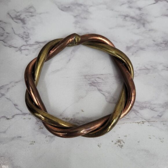 Vintage Handmade Gold Toned Brass and Copper Twisted Metal Bangle Bracelet - Picture 7 of 7